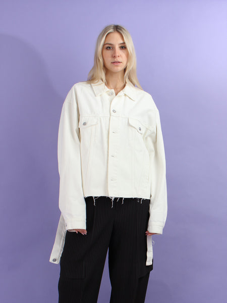 Balenciaga White Denim Jacket 2018 Embroidered Logo Size 40