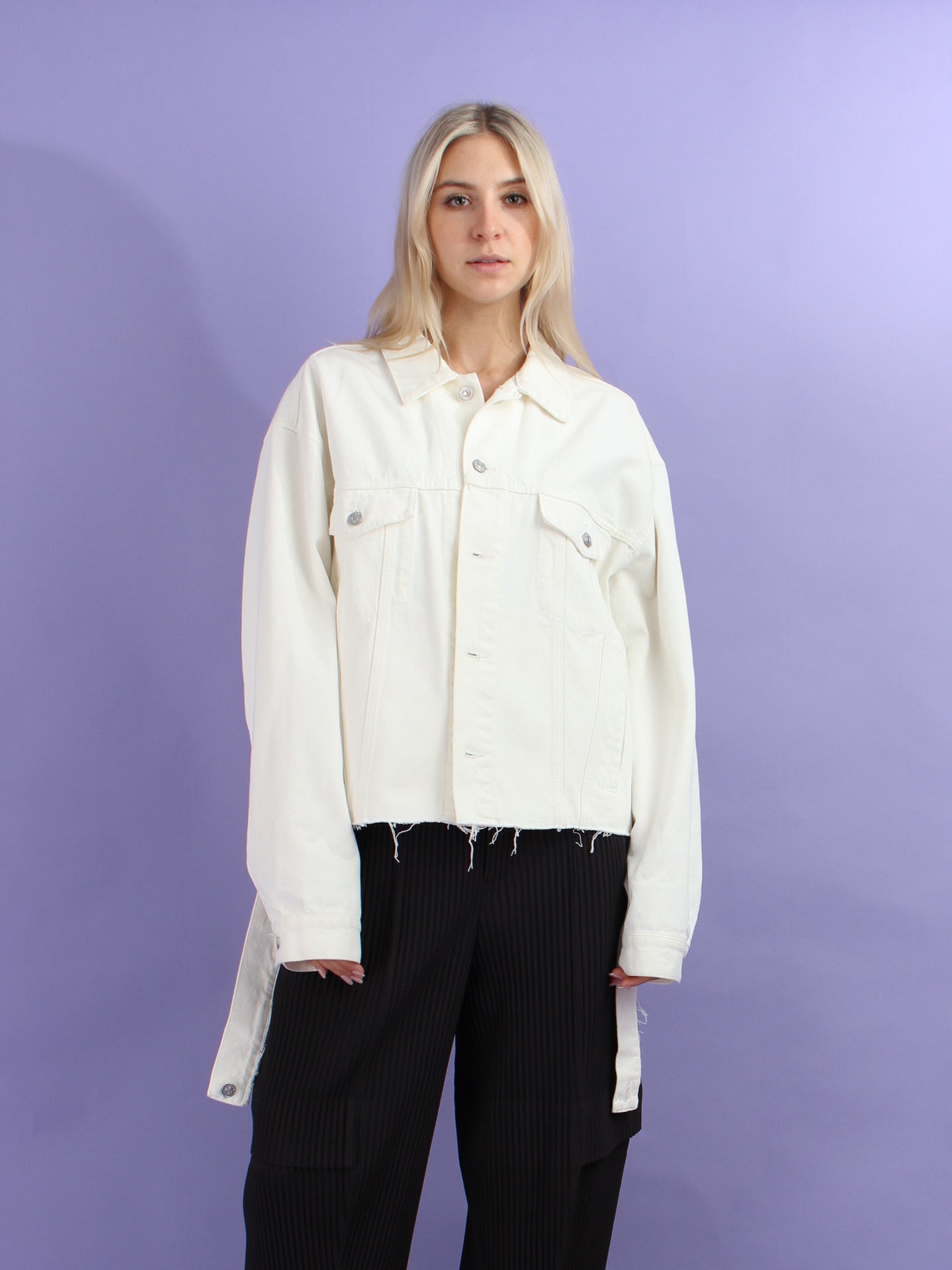 Balenciaga White Denim Jacket 2018 Embroidered Logo Size 40 Clips Archive