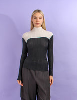 Issey Miyake Black and White Pleated Long Sleeve High Neck Top sz 2