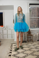 Molly Goddard Tiered Tulle Long Sleeve Mini Blue Dress Size UK8