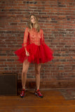 Molly Goddard Tiered Tulle Long Sleeve Mini Red Dress Size UK8